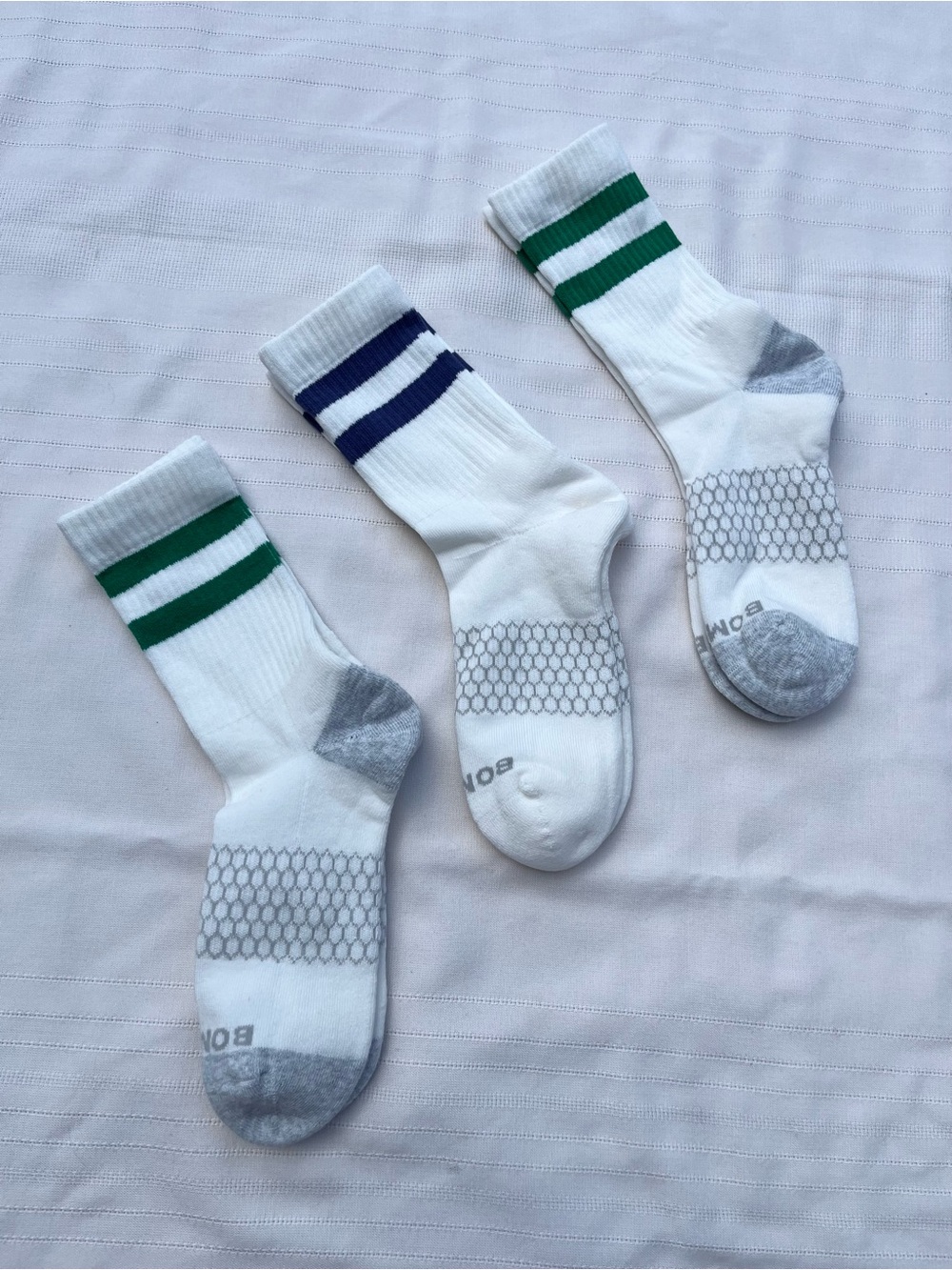 Bombas White Athletic Crew Socks with Green and Navy Stripes - Picture 9 of 14